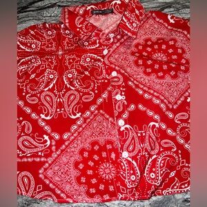 Red Bandana Print Button Up Crop Top